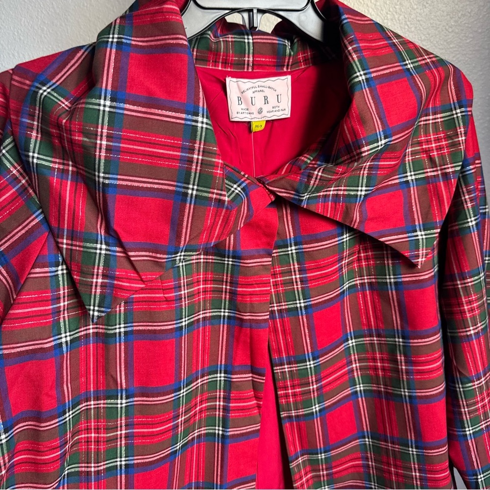 NWT Buru Grace Coordinating Tartan Printed Brocade Oversized Point Collar Coat - Picture 7 of 9